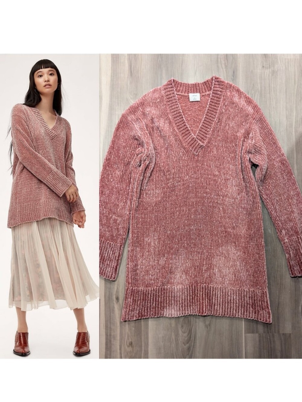 Aritzia Wilfred | Violetta Long Chenille V-Neck Tunic Sweater In Rose Mauve